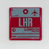London LHR Vintage Luggage Tag 4" Fused Glass Coaster