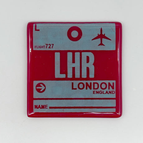 London LHR Vintage Luggage Tag 4" Fused Glass Coaster