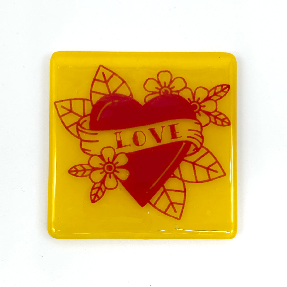 LOVE Tattoo 4" Handmade Fused Glass Bar Coaster