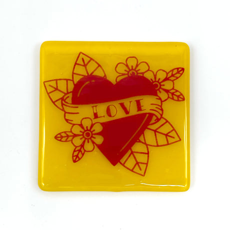 LOVE Tattoo 4" Handmade Fused Glass Bar Coaster