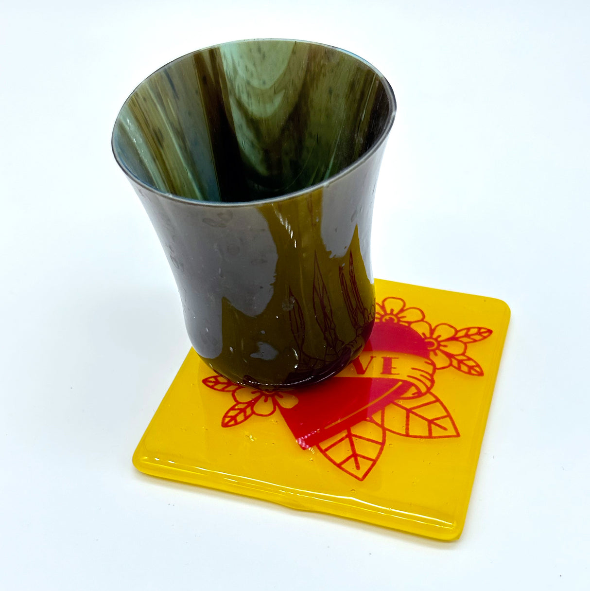 LOVE Tattoo 4" Handmade Fused Glass Bar Coaster