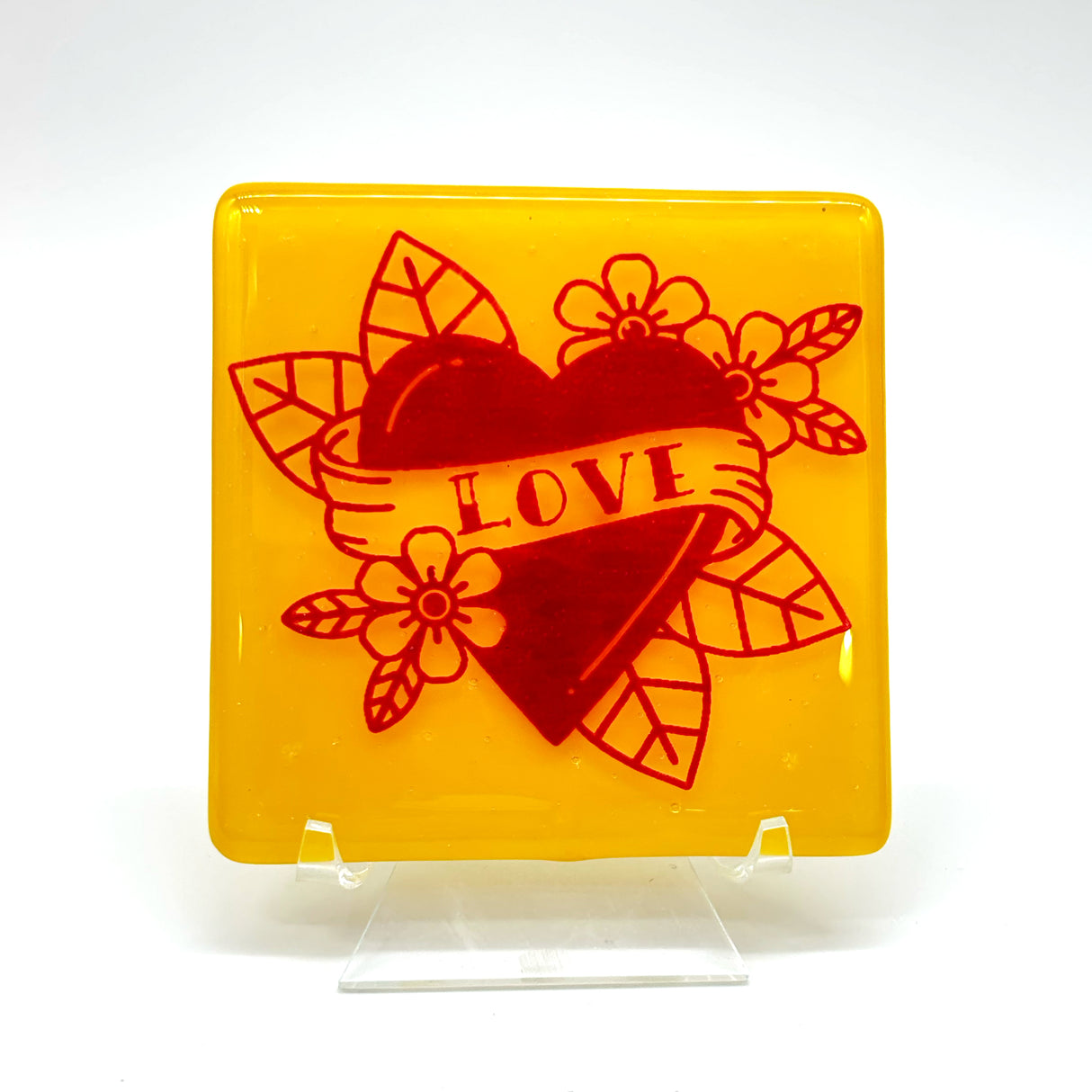 LOVE Tattoo 4" Handmade Fused Glass Bar Coaster