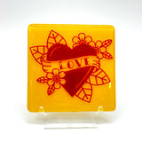 LOVE Tattoo 4" Handmade Fused Glass Bar Coaster
