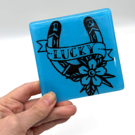 Lucky 13 Horseshoe Tattoo Fused Glass 4" Single Coaster