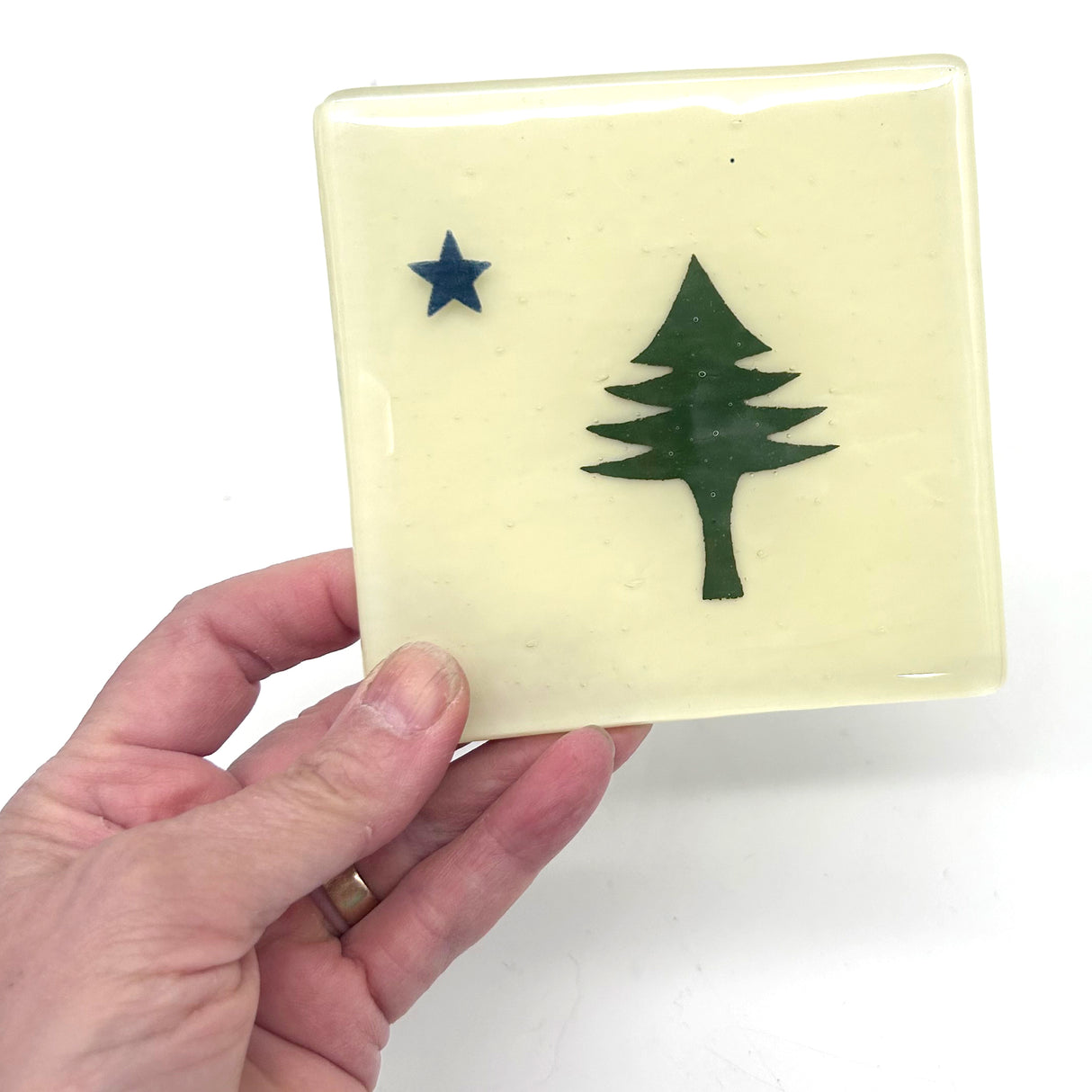 Maine Pine Tree Flag Handmade 4" Fused Glass Coaster