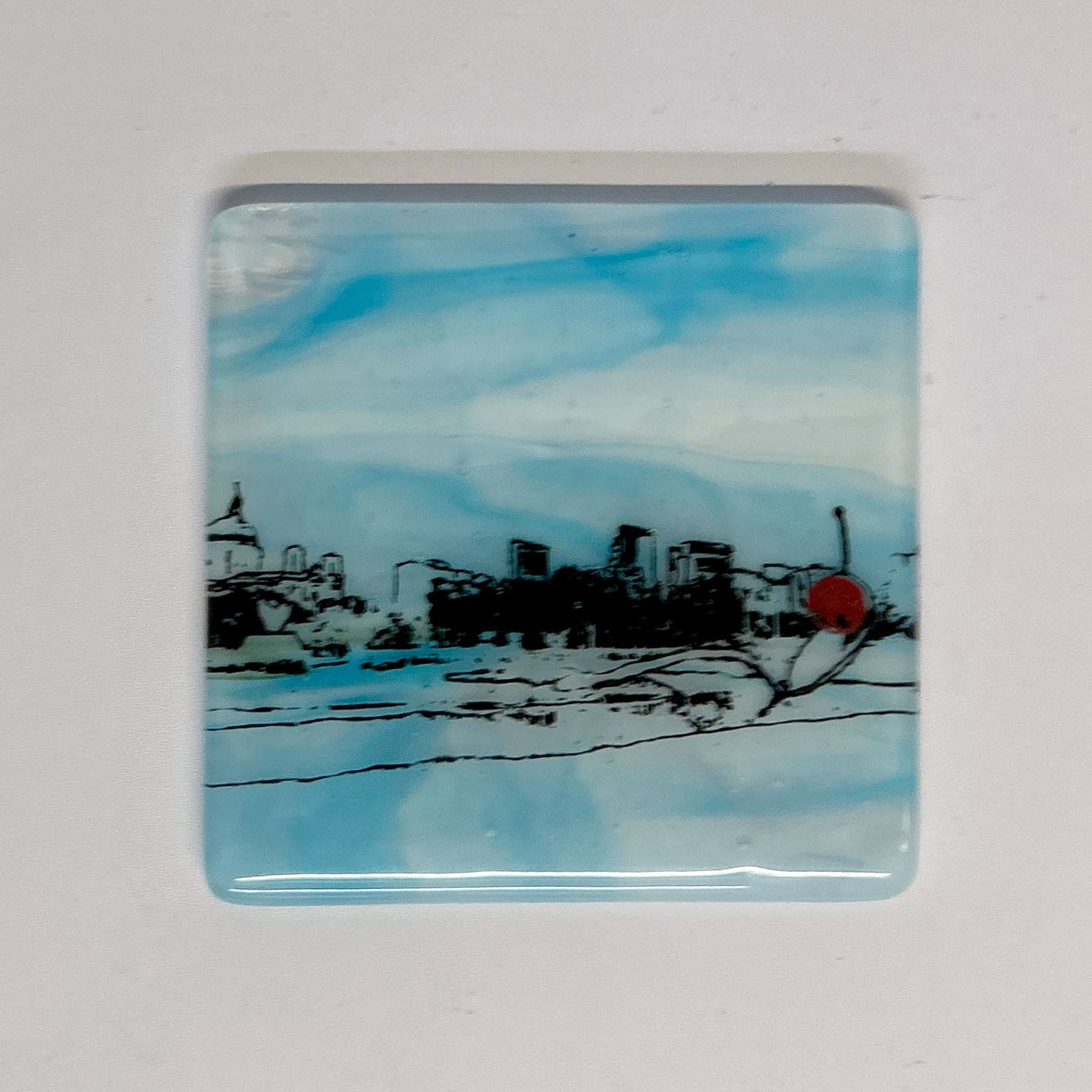 Minneapolis Spoonbridge and Cherry Skyline  Fused Glass 4" Single Coaster - made to order
