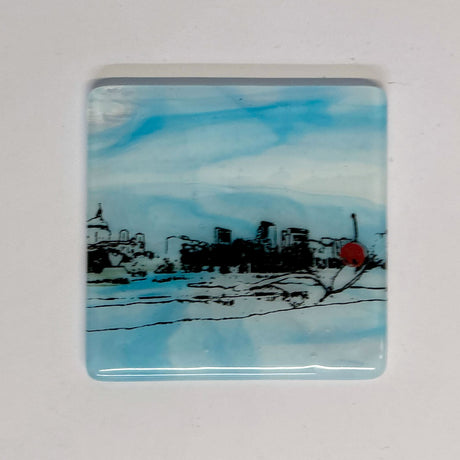 Minneapolis Spoonbridge and Cherry Skyline  Fused Glass 4" Single Coaster - made to order