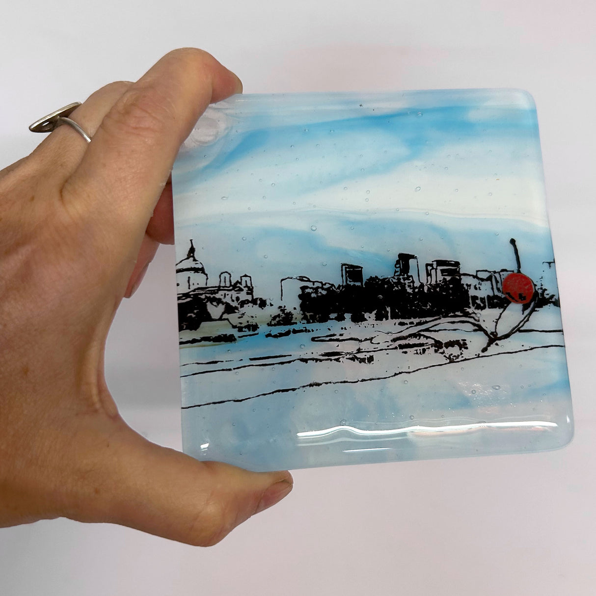 Minneapolis Spoonbridge and Cherry Skyline  Fused Glass 4" Single Coaster - made to order