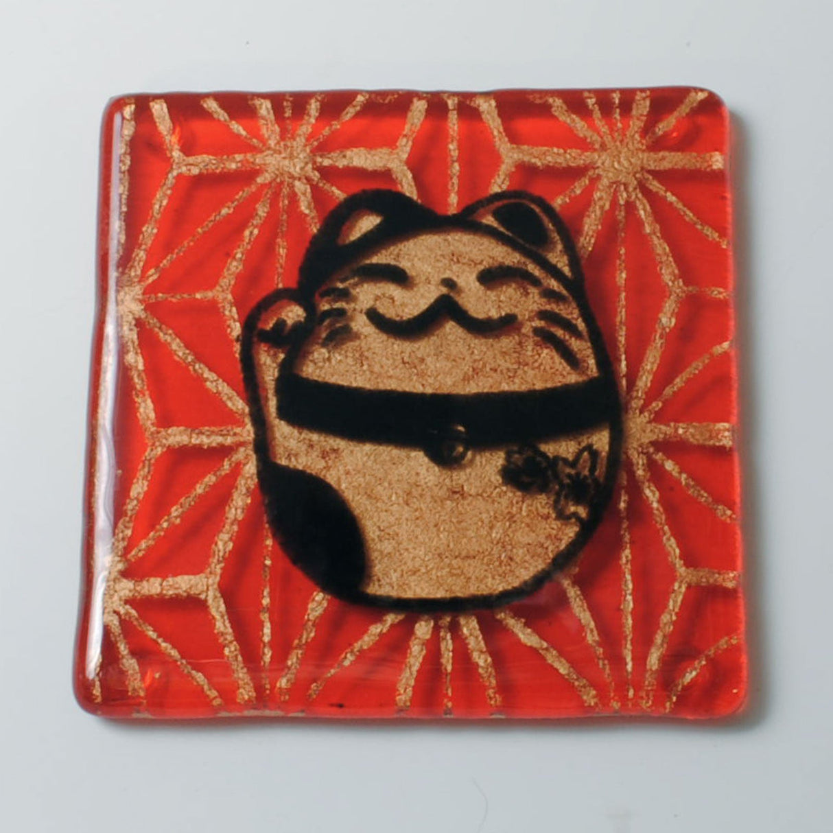 Maneki Neko Lucky Cat Fused Glass 4" Single Coaster