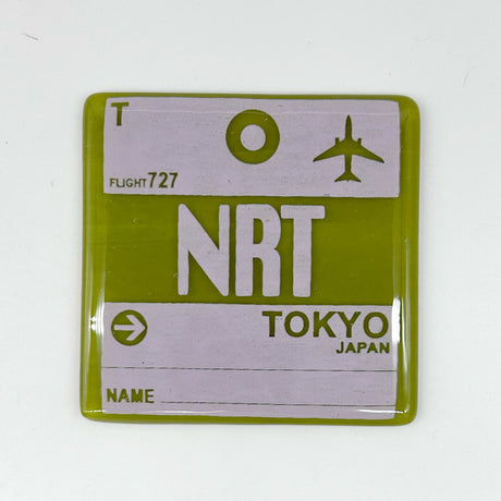 Tokyo Japan NRT Vintage Luggage Tag Fused Glass 4" Single Coaster