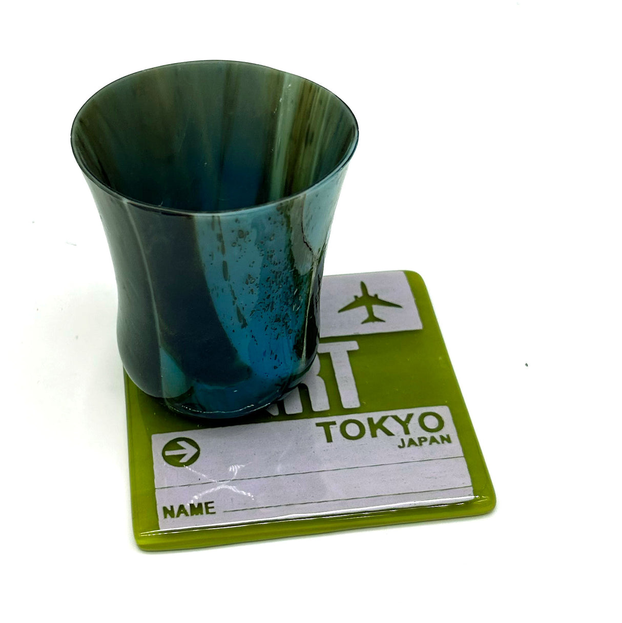 Tokyo Japan NRT Vintage Luggage Tag Fused Glass 4" Single Coaster