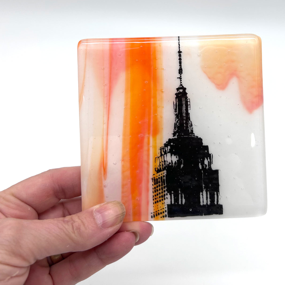 New York City Empire State Building Sunset Fused Glass 4" Single Coaster