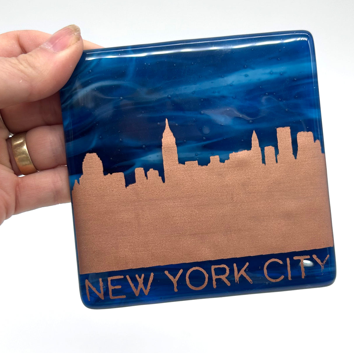 New York City Sunset Skyline Fused Glass 4" Single Coaster