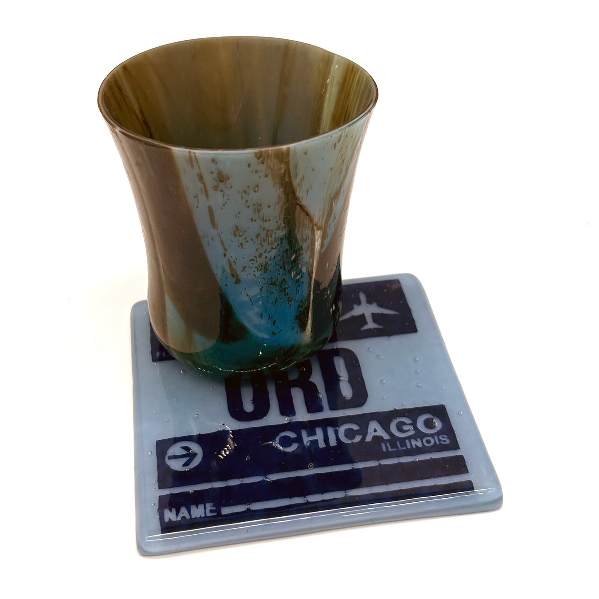 Chicago ORD Vintage Luggage Tag Fused Glass 4" Single Coaster