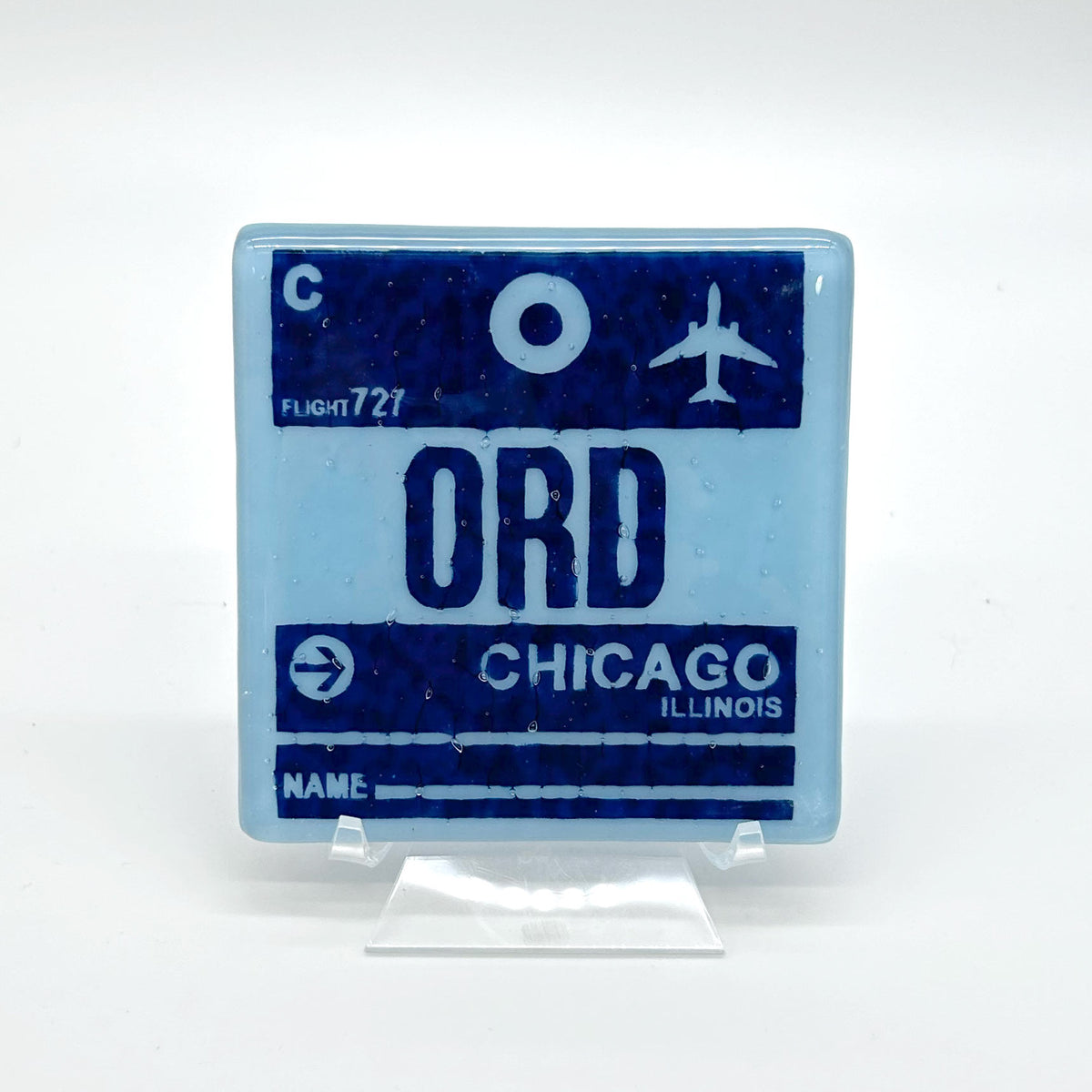 Chicago ORD Vintage Luggage Tag Fused Glass 4" Single Coaster