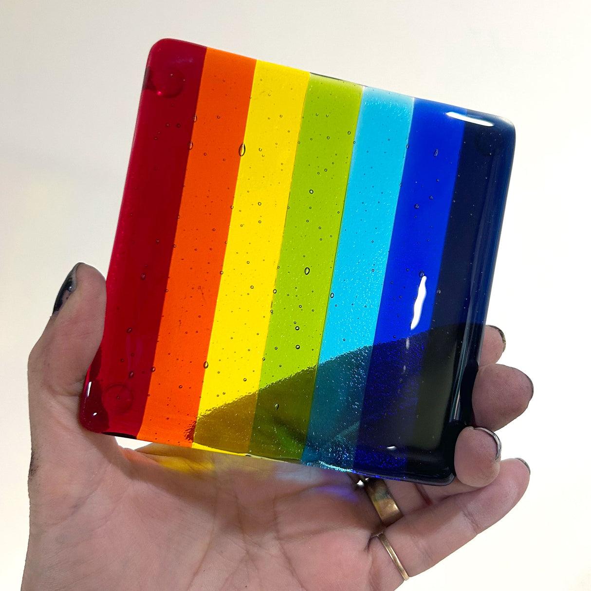 Rainbow Stripes Fused Glass 4" Single Coaster