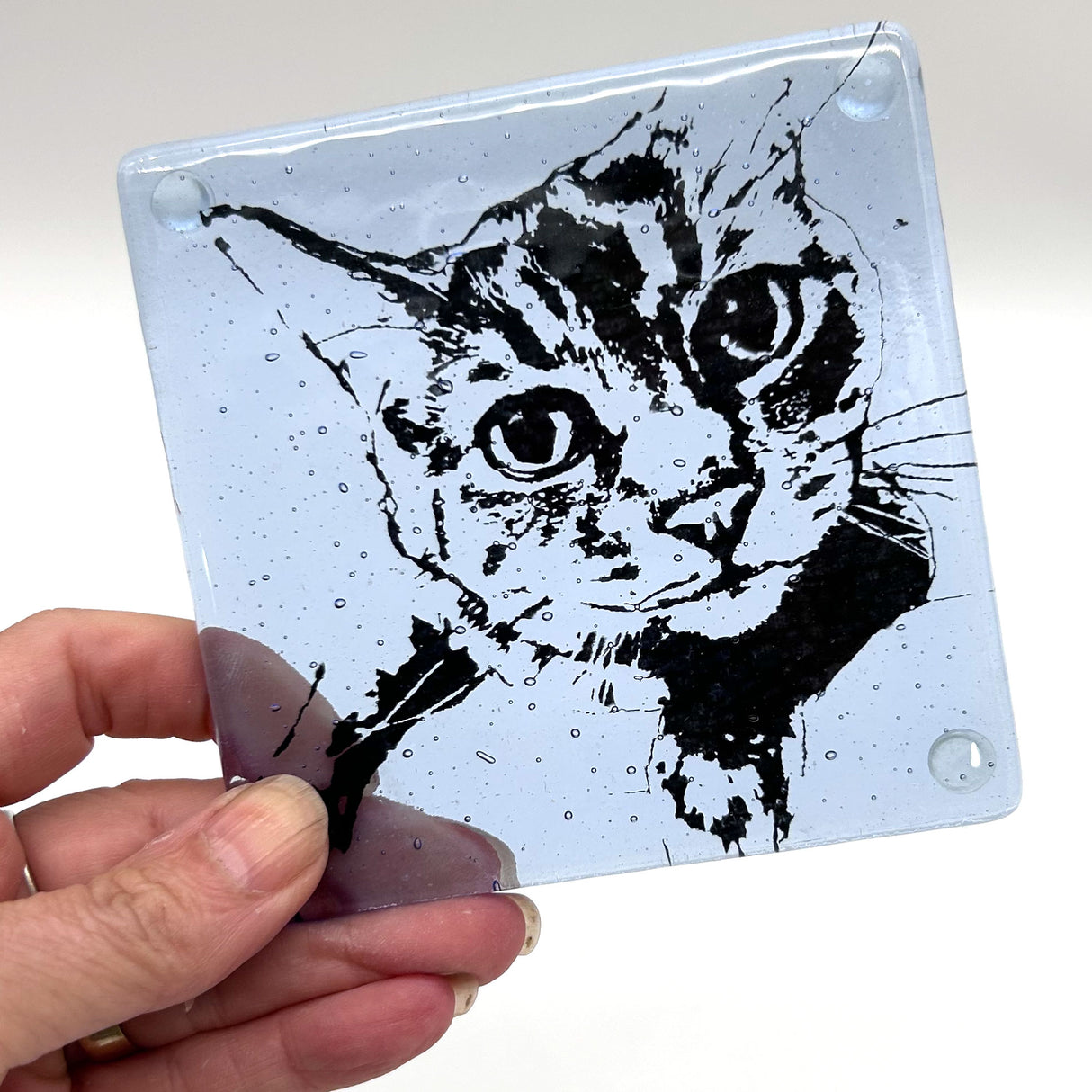 Tabby Cat Handmade 4" Handmade Fused Glass Coaster
