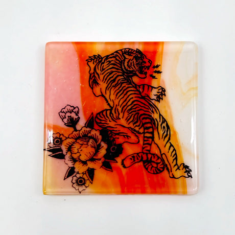 Tiger Tattoo Fused Glass 4" Single Coaster