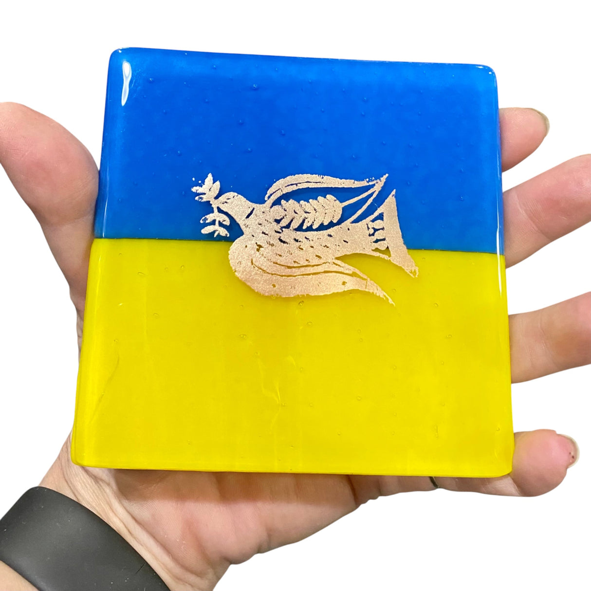 Ukrainian Flag with Peace Dove Fused Glass 4" Single Coaster