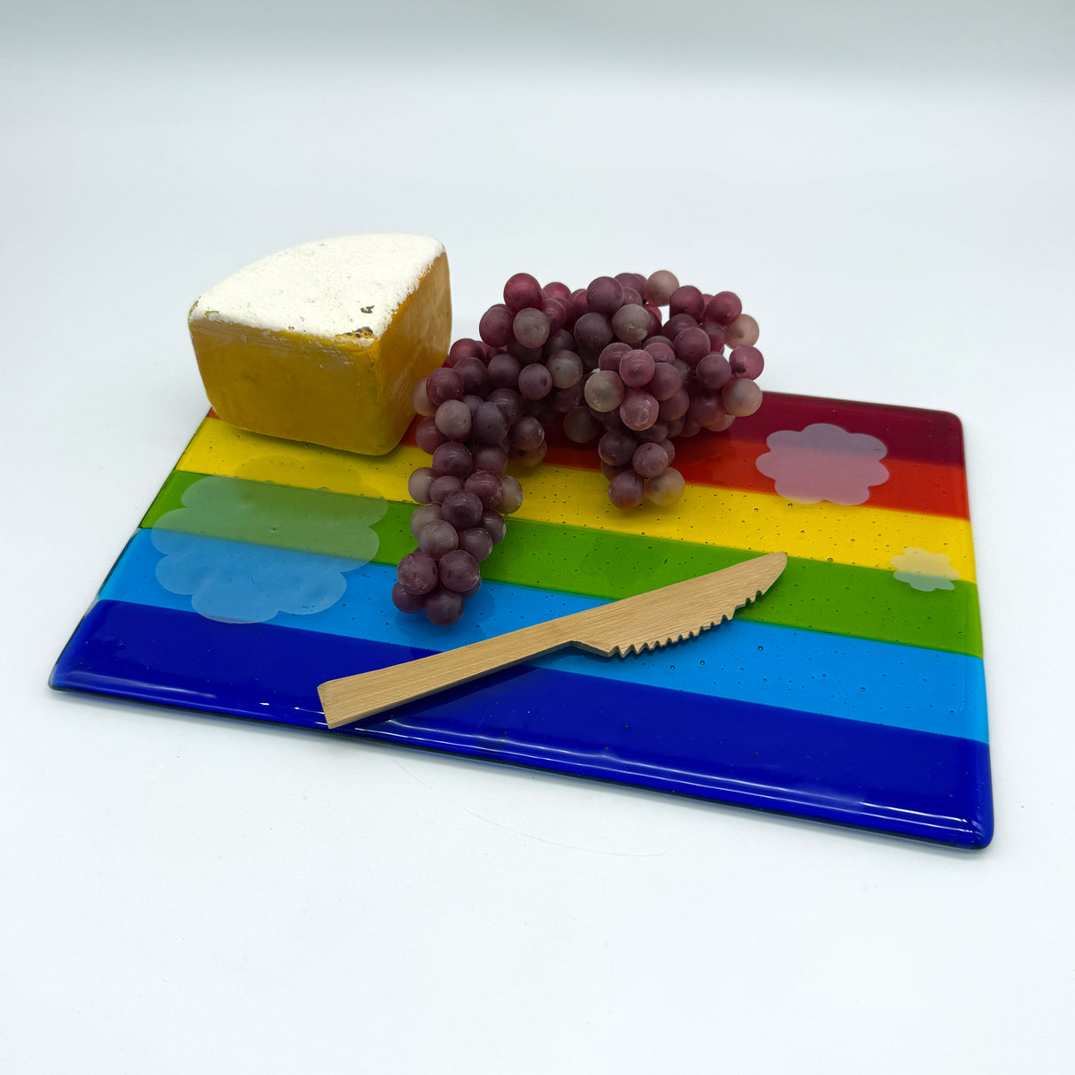 Rainbow Silver Lining 7x11" Fused Glass Cheese Plate