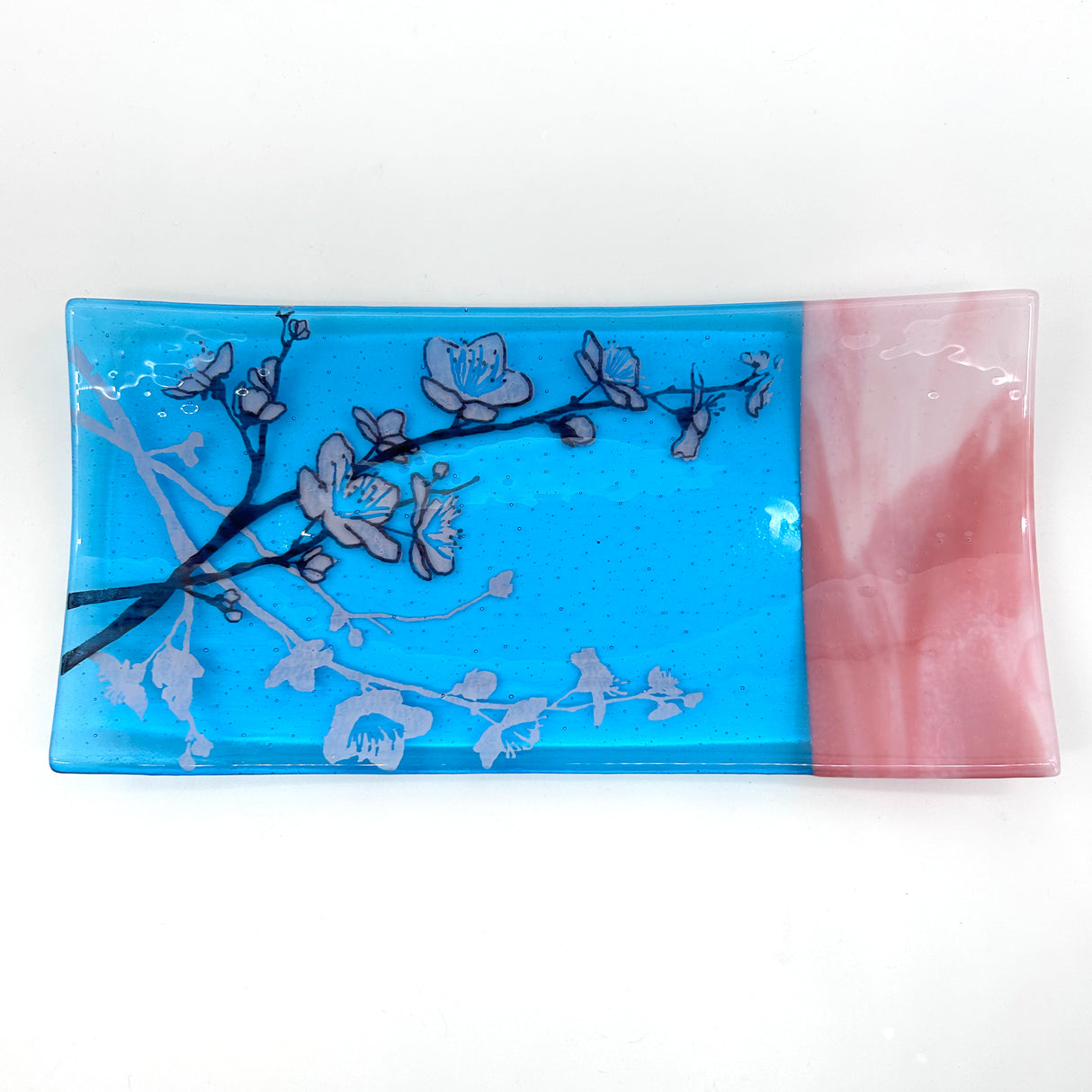 Cherry Blossom 15" Long Fused Glass Serving Platter - turquoise or plum