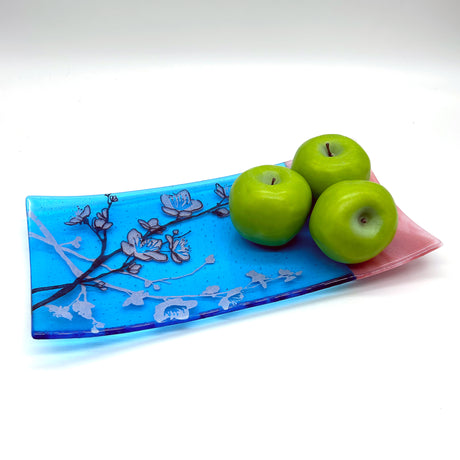 Cherry Blossom 15" Long Fused Glass Serving Platter - turquoise or plum