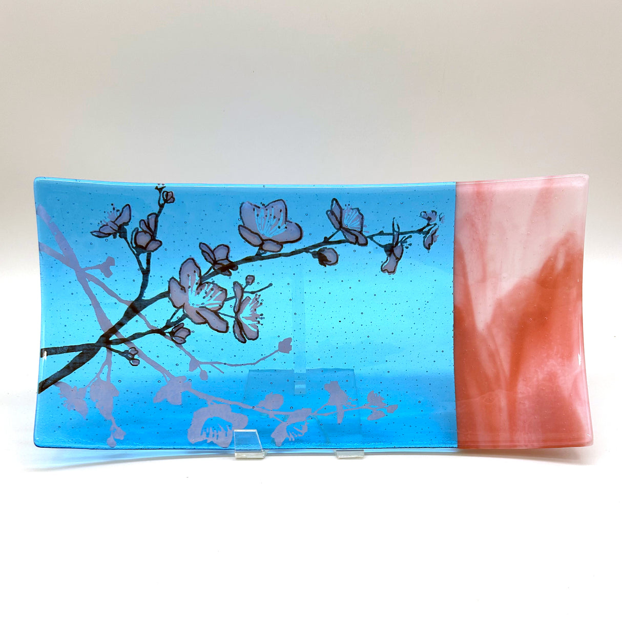 Cherry Blossom 15" Long Fused Glass Serving Platter - turquoise or plum