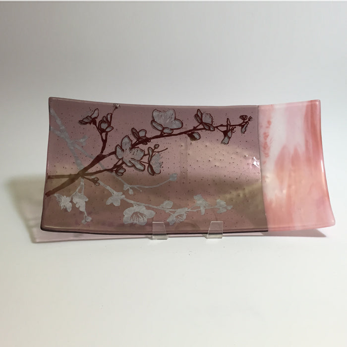 Cherry Blossom 15" Long Fused Glass Serving Platter - turquoise or plum