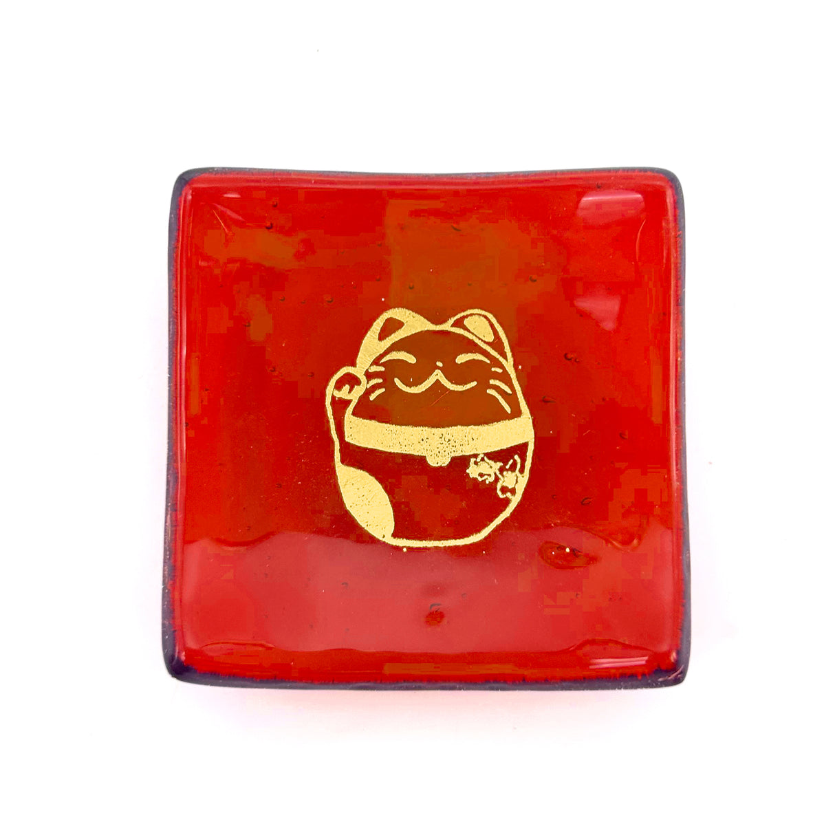 Maneki Neko Lucky Cat Handmade 2.75" Fused Glass Small Dish