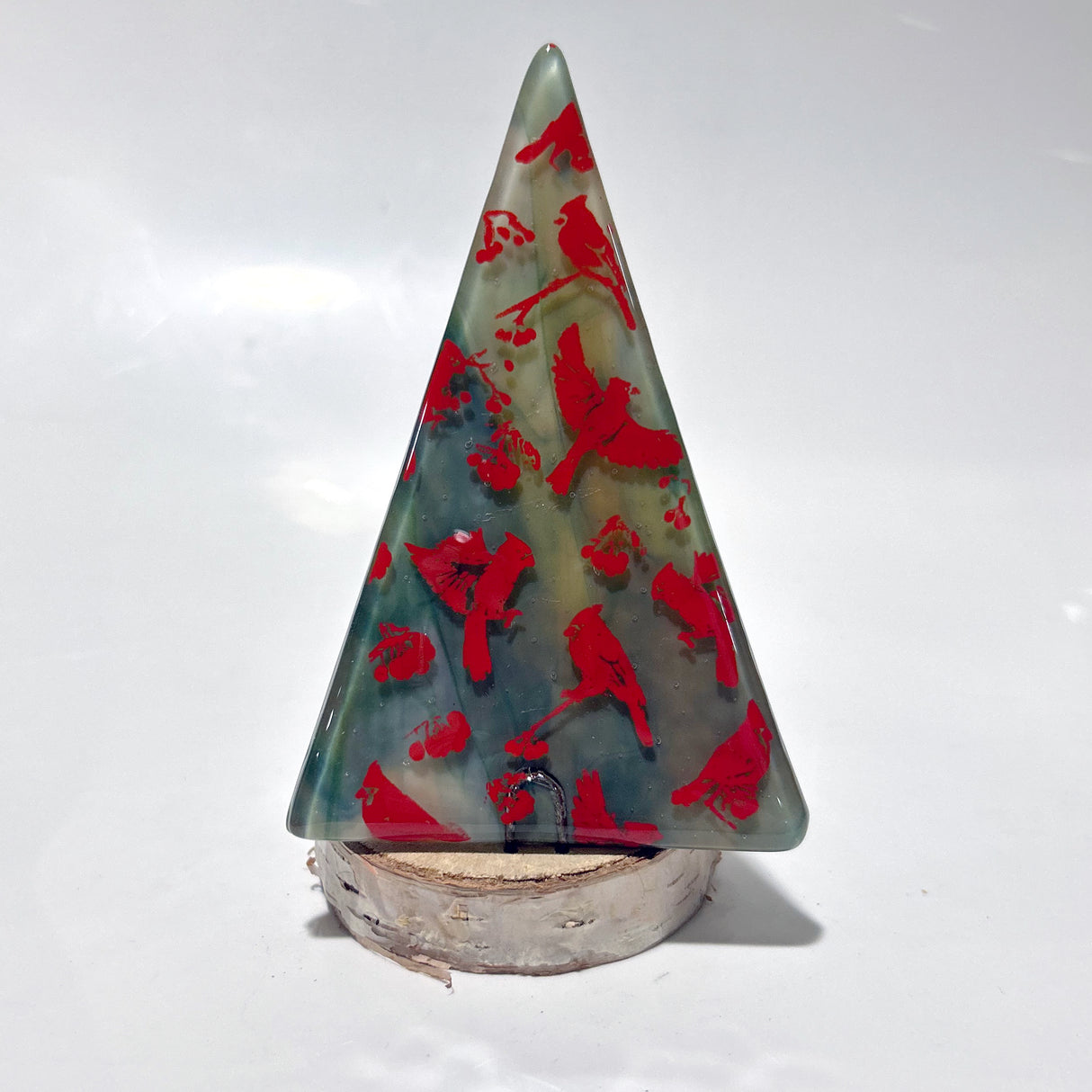 Christmas Tree Fused Glass Candle Stand  - Cardinals
