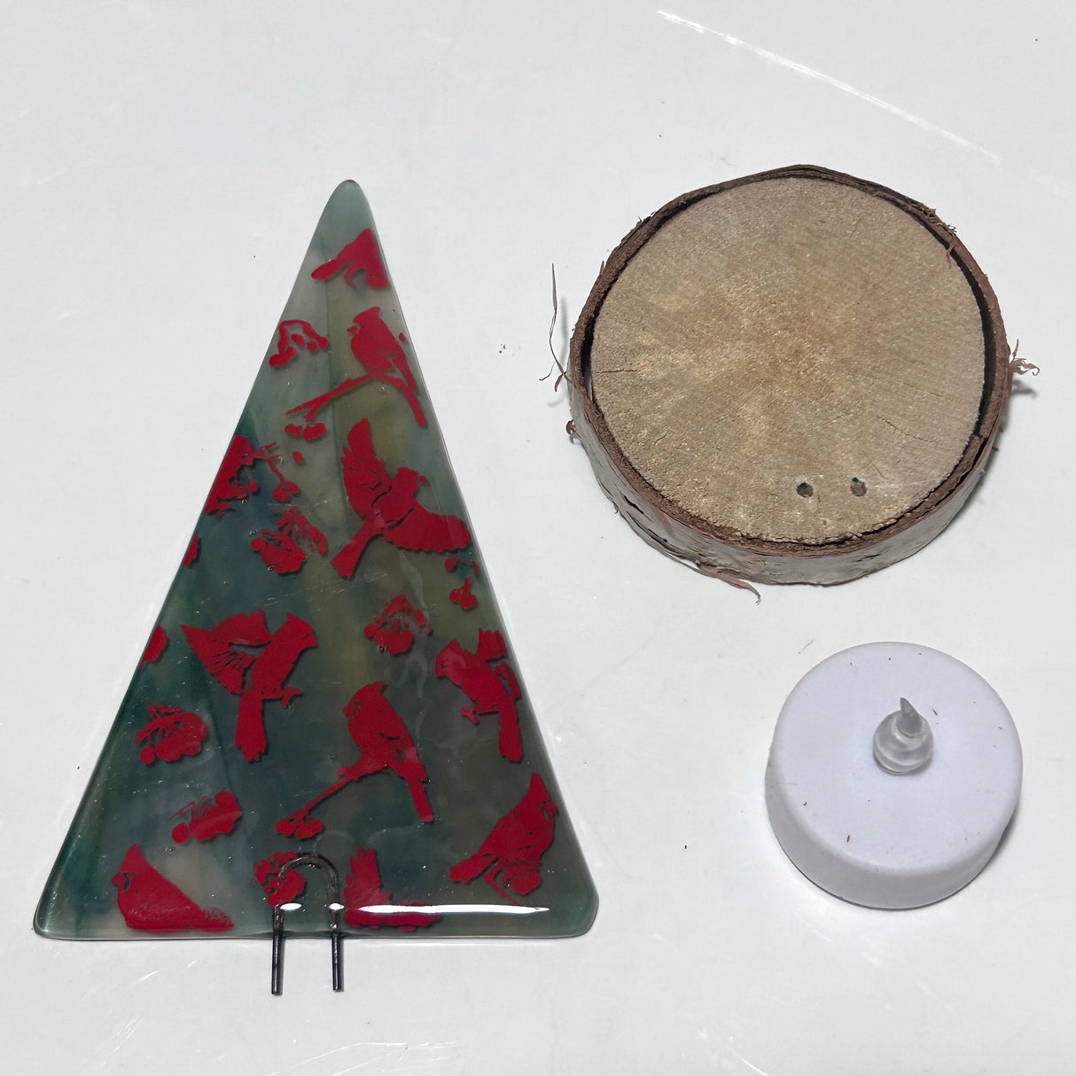 Christmas Tree Fused Glass Candle Stand  - Cardinals