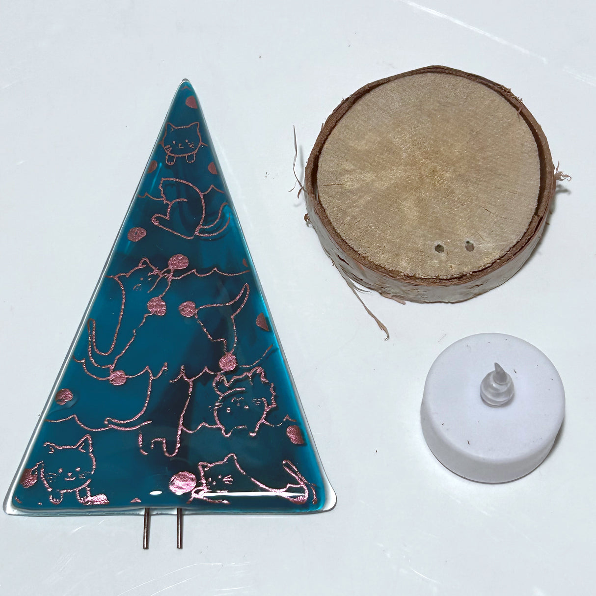 Christmas Tree Fused Glass Candle Stand  - Cats