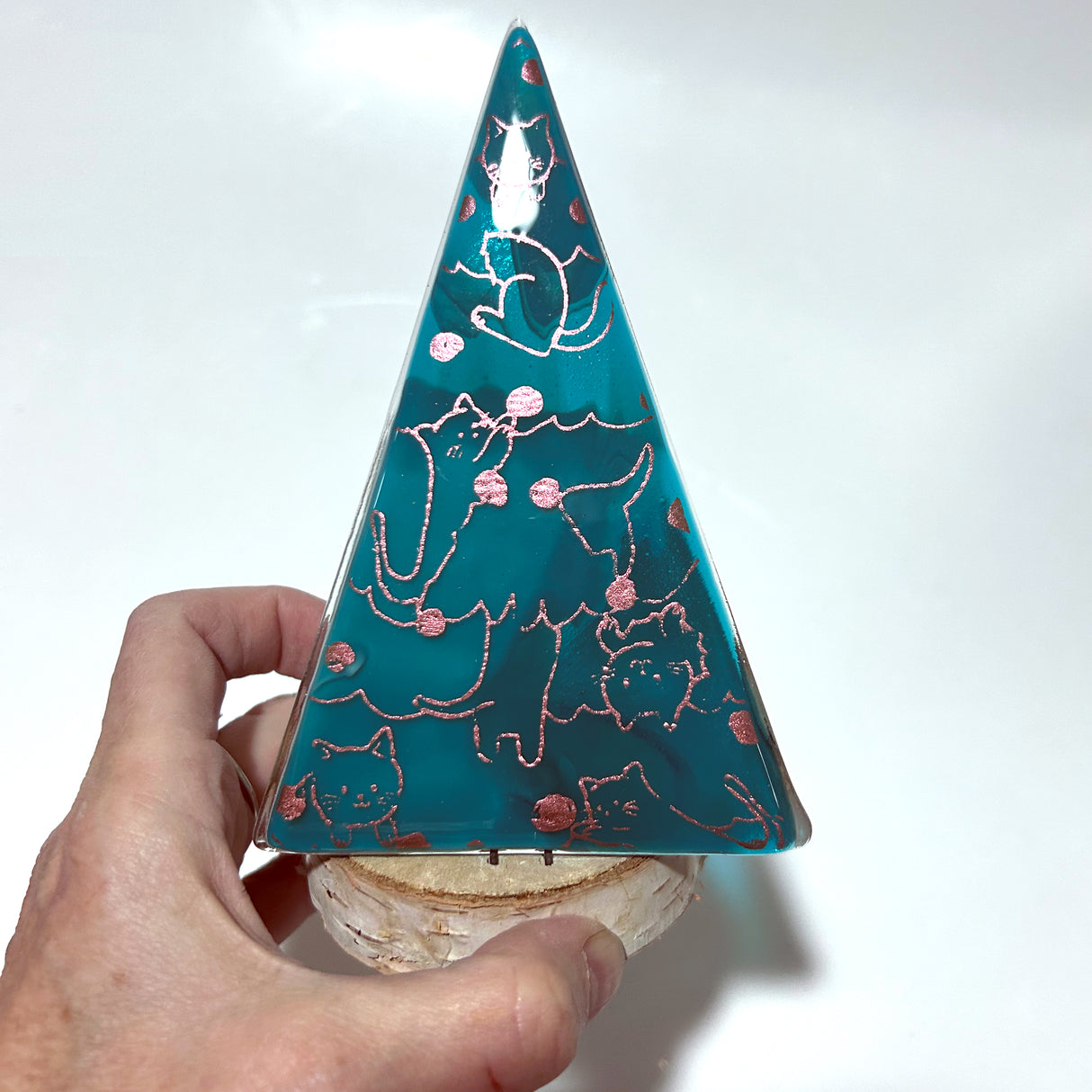 Christmas Tree Fused Glass Candle Stand  - Cats