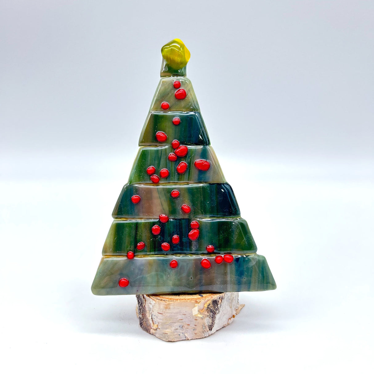 Christmas Tree Fused Glass Candle Stand - Green with Red Berries
