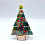 Christmas Tree Fused Glass Candle Stand - Green with Red Berries