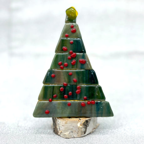 Christmas Tree Fused Glass Candle Stand - Green with Red Berries
