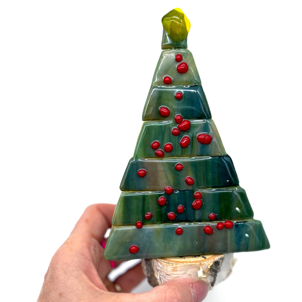 Christmas Tree Fused Glass Candle Stand - Green with Red Berries