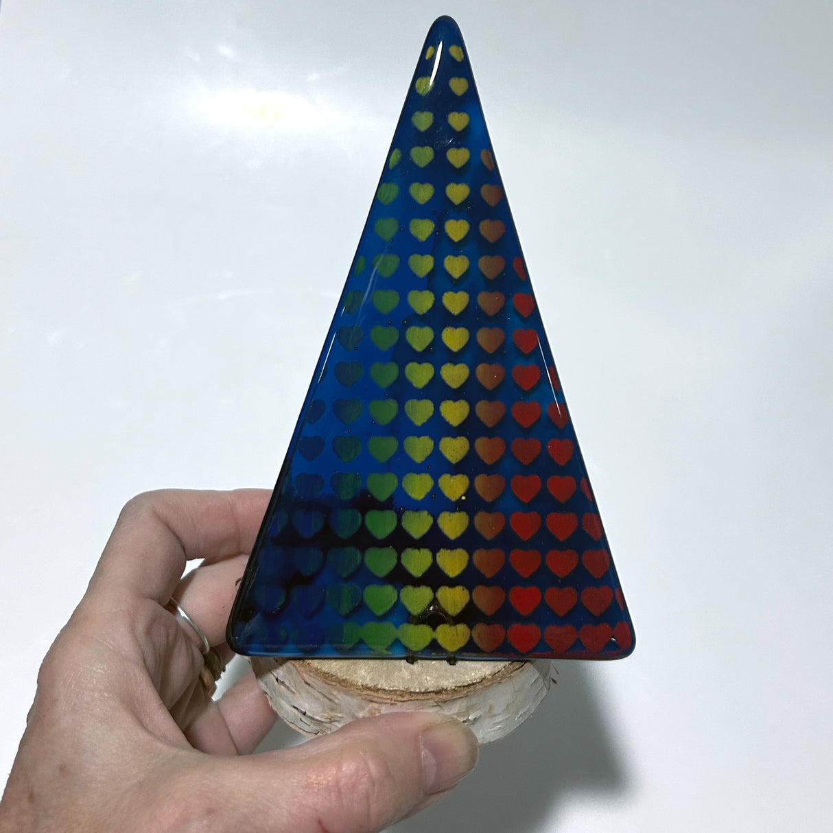 Christmas Tree Fused Glass Candle Stand  - Rainbow Hearts