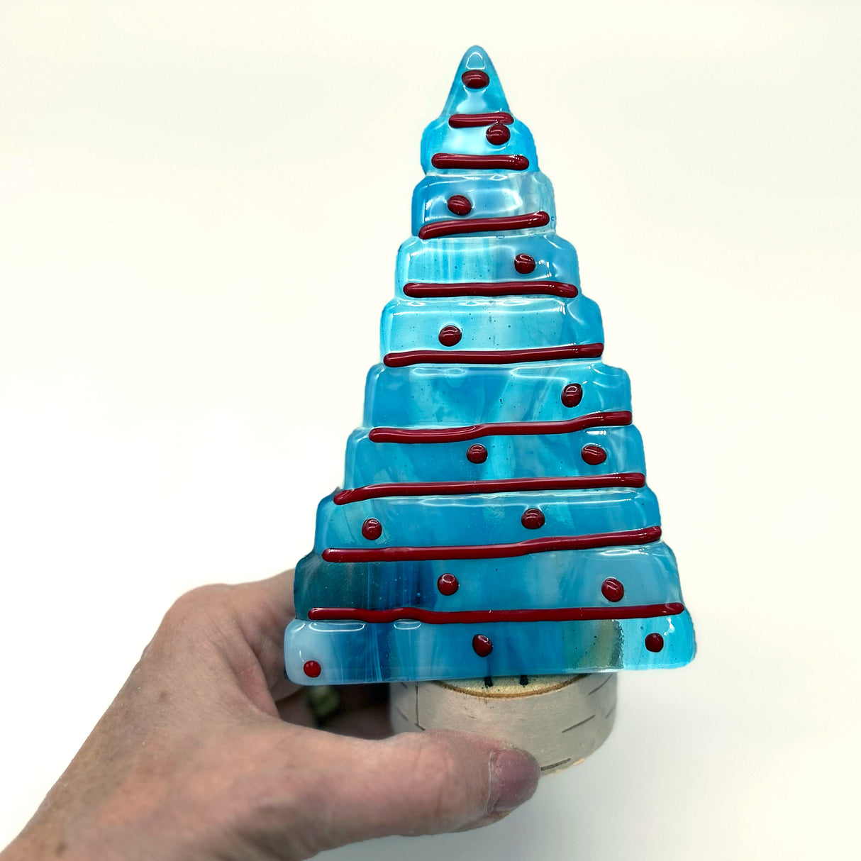 Christmas Tree Fused Glass Candle Stand -Snowy Turquoise & Red