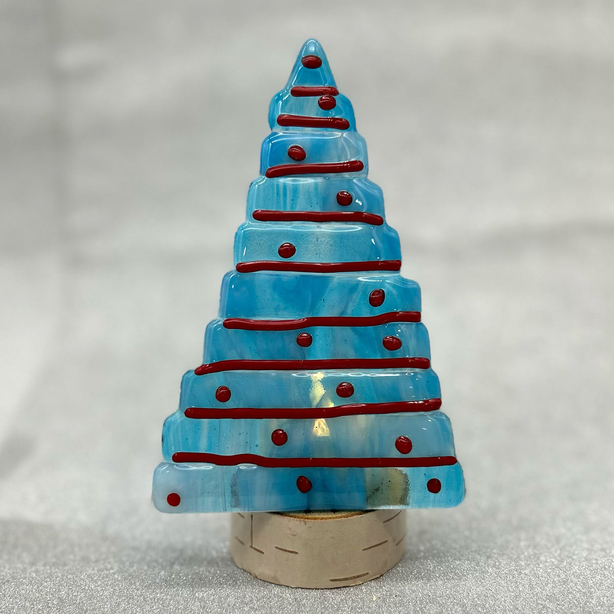Christmas Tree Fused Glass Candle Stand -Snowy Turquoise & Red