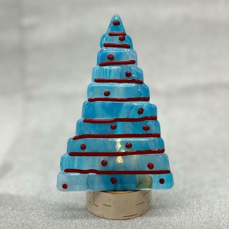 Christmas Tree Fused Glass Candle Stand -Snowy Turquoise & Red
