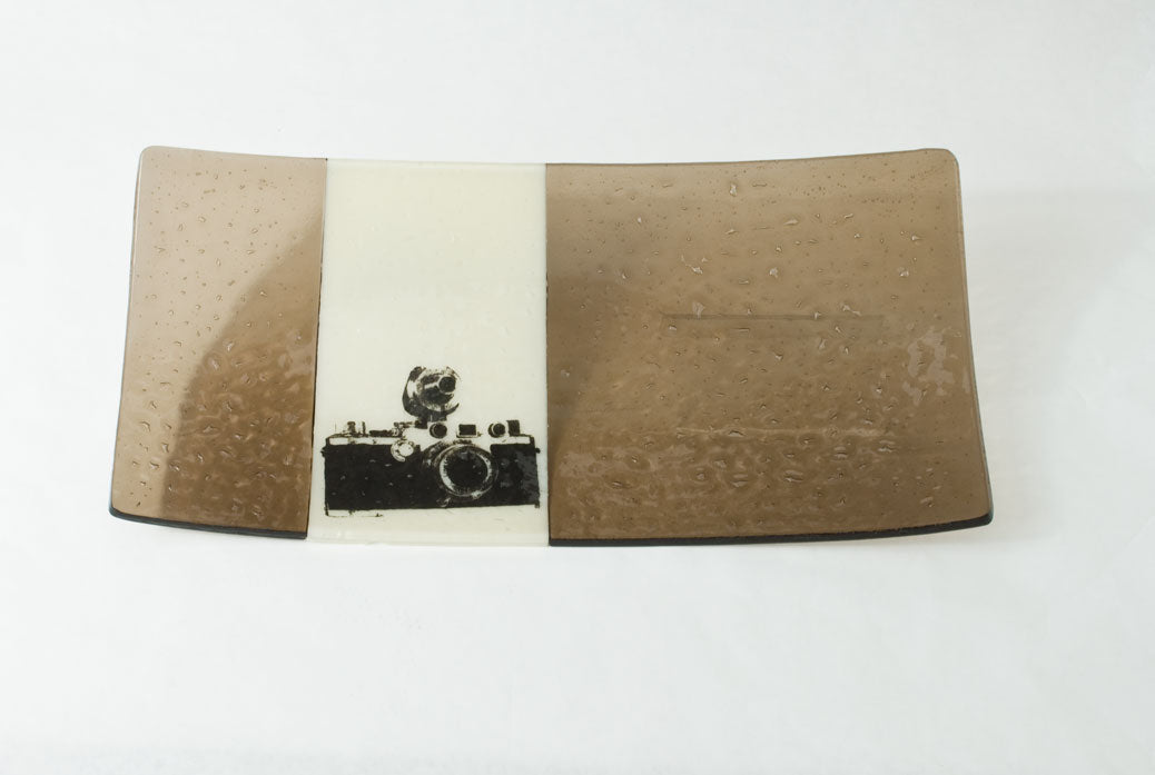 Vintage Camera 15" Long Fused Glass Serving Platter