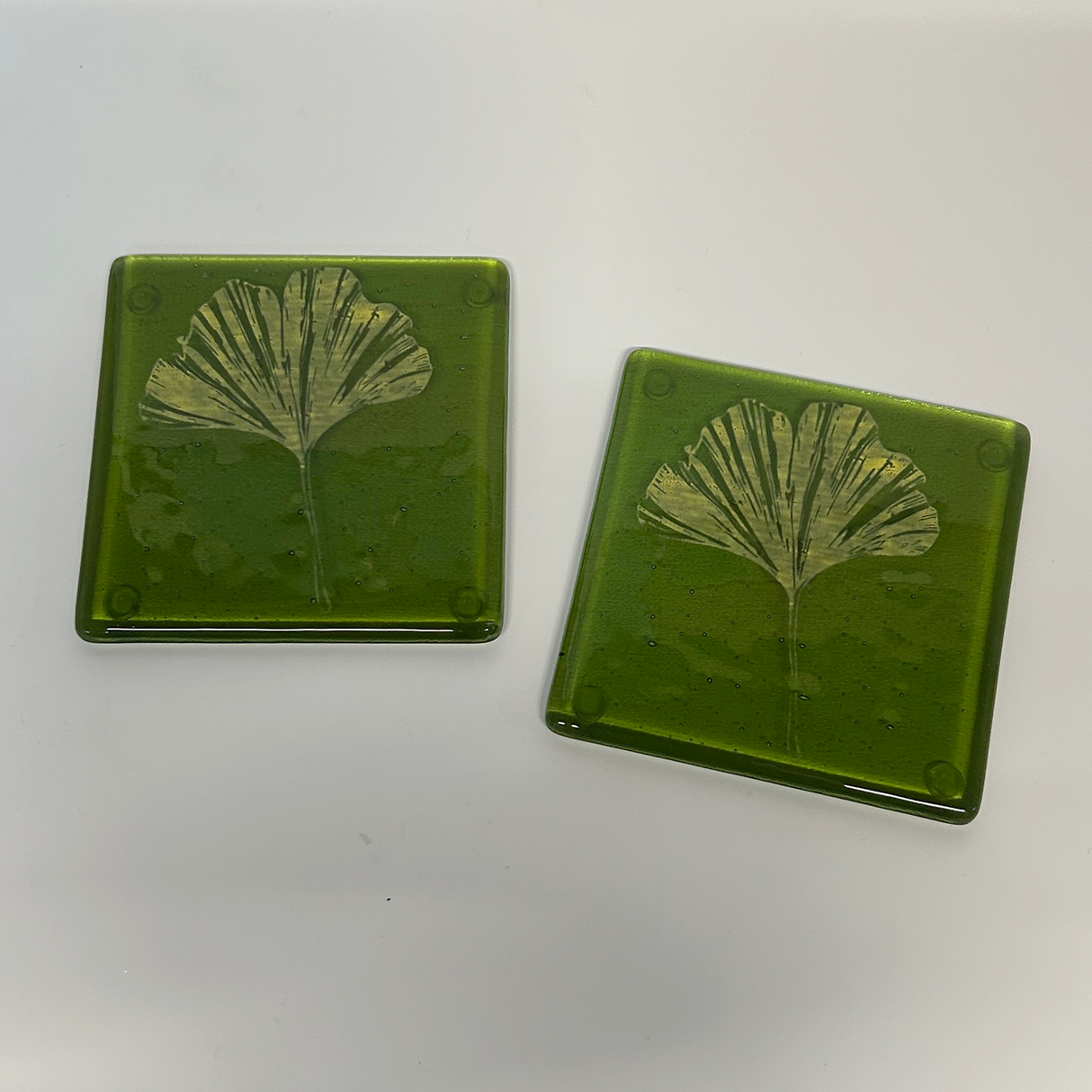 Gingko Leaves Fused Glass 4" Coaster 2-pack