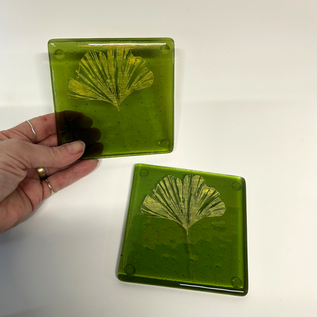 Gingko Leaves Fused Glass 4" Coaster 2-pack