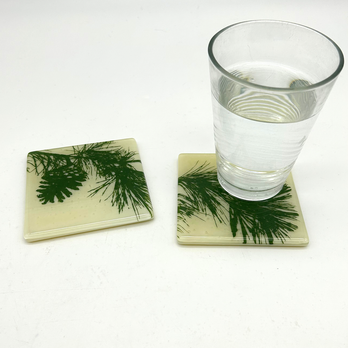 Pine Bough Fused Glass 4" Coaster 2-pack