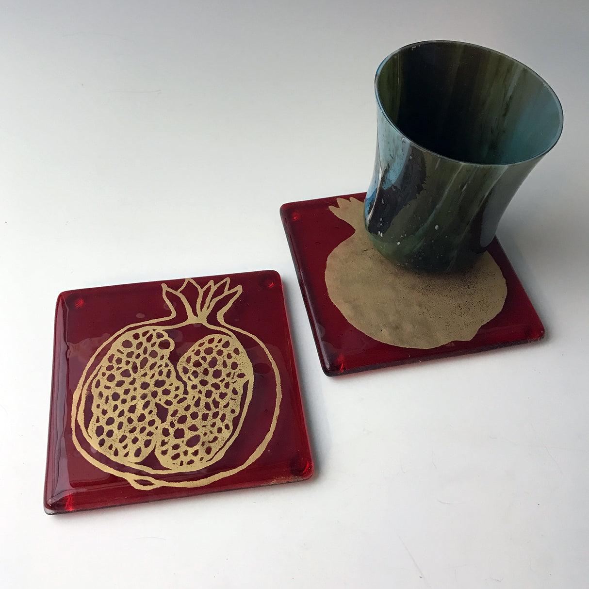 Pomegranate Fused Glass 4" Coaster 2-pack