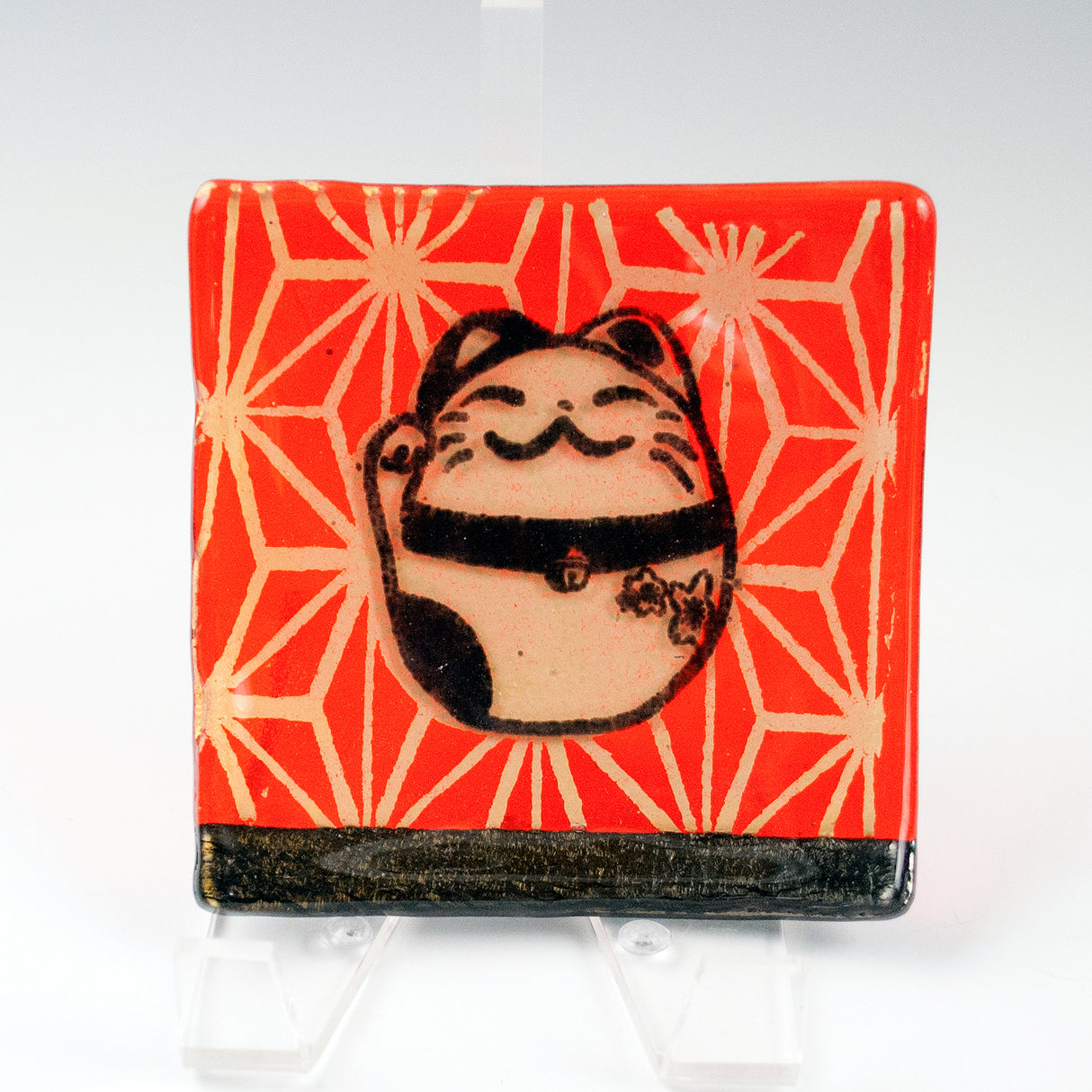 Maneki Neko Lucky Cat 4.5" Handmade Fused Glass Catch-all Dish