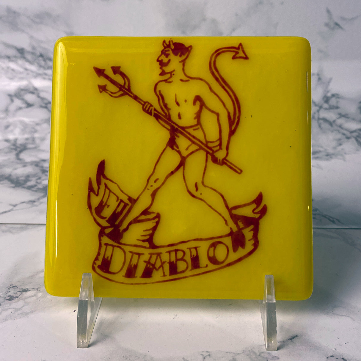 Diablo Loteria Fused Glass 4" Single Coaster