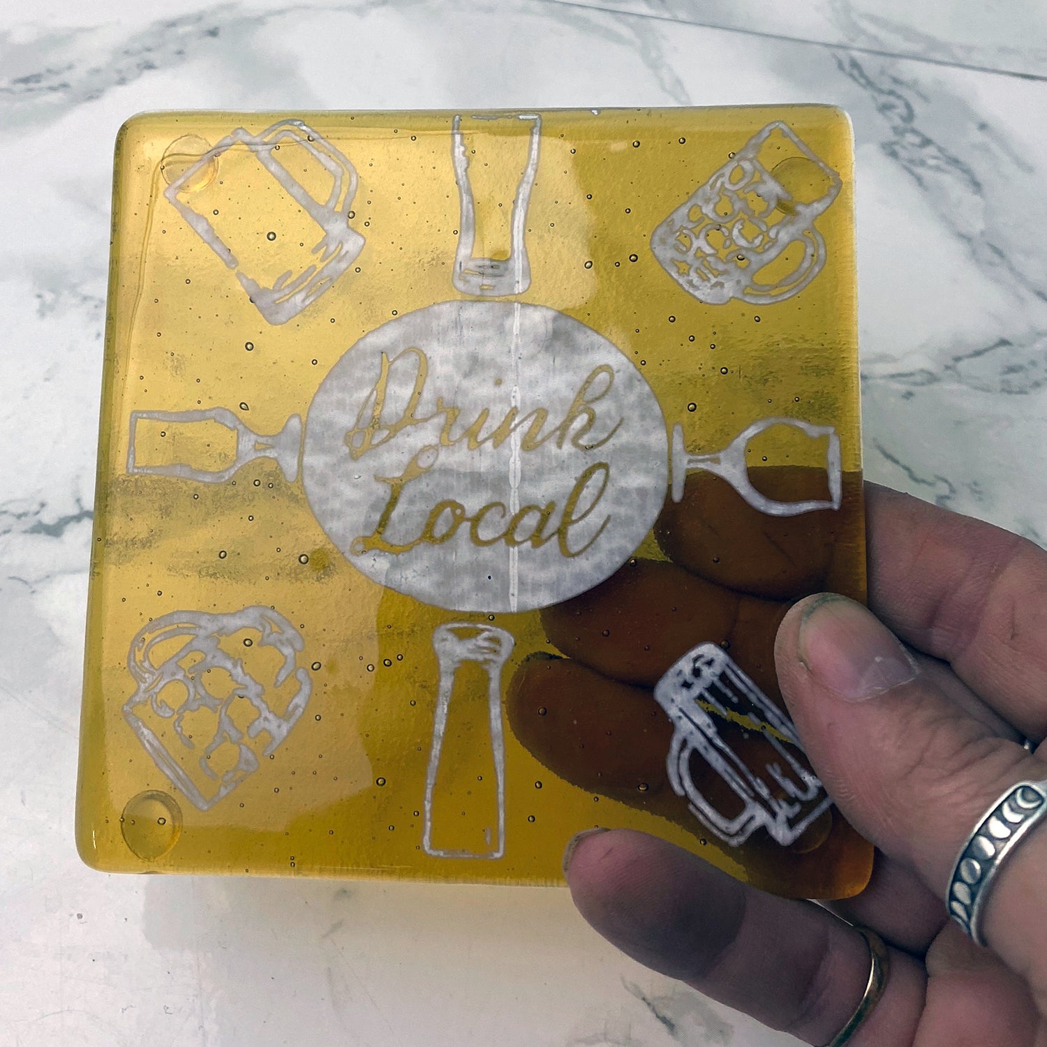 Drink Local Beer Fused Glass 4" Single Coaster