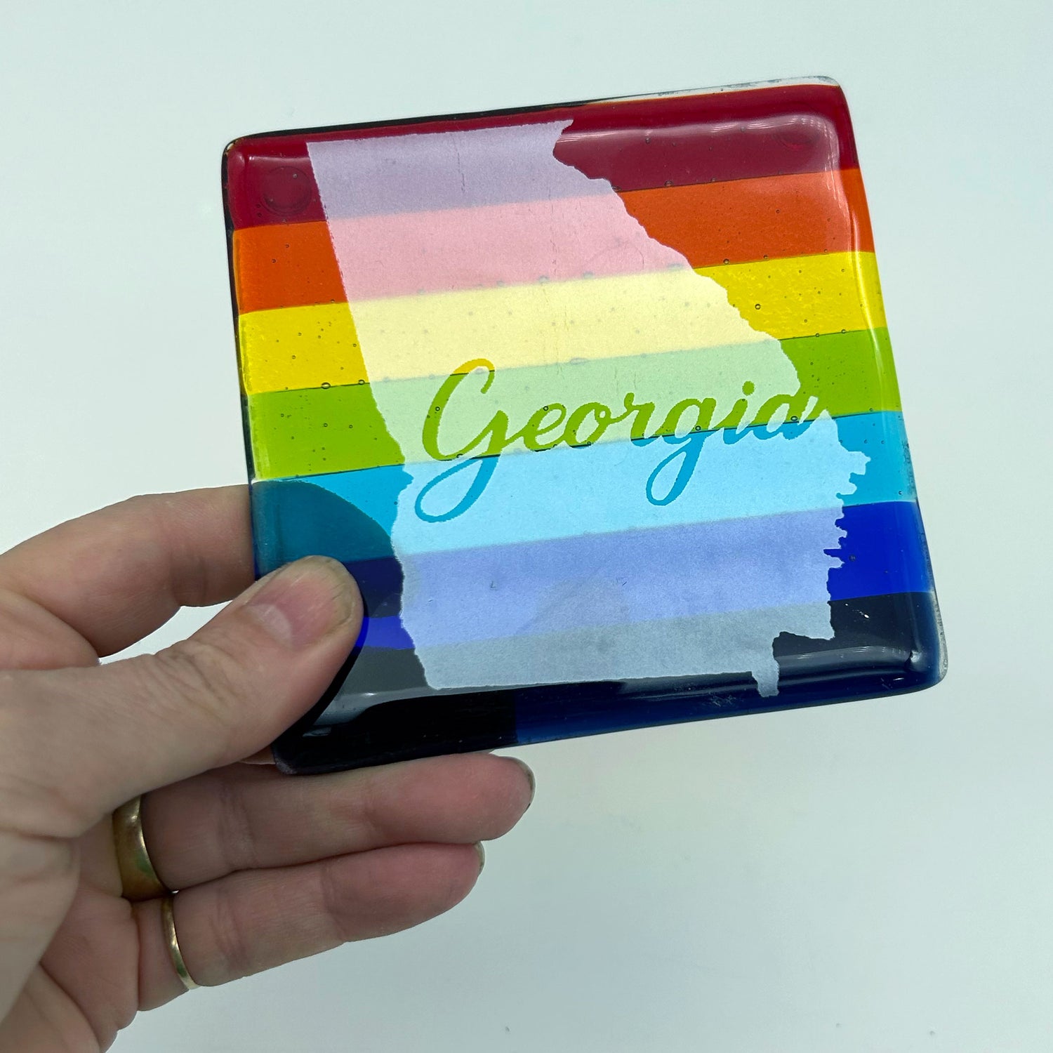 US States Fused Glass 4" Single Coaster - Rainbow Pride or Single Color Background - made to order